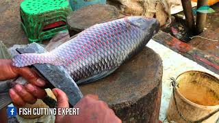 Satisfying Big Rohu Fish Cutting Techniques, Live Fish Market Fish Cutting Skills