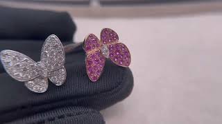 Custom Made Van Cleef Arpels Two Butterfly Ring 18K Real Gold With Diamonds