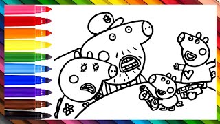 Dibujar y colorear Peppa Pig y George Pig Despertando a los abuelos || Dibujos para niños