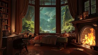 Rain & Distant Thunderstorm Sounds, Fall Asleep with Fireplace & Raindrops on Window