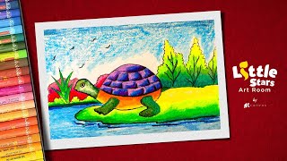 Tortoise  Drawing with Oil Pastel /  How to Draw Tortoise Scenery Easy / Turtle Drawing Step by Step