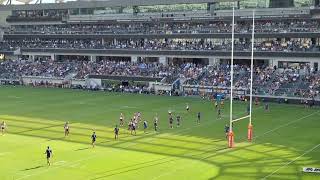 Manly score in the corner vs Parramatta at CommBank Stadium.