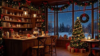 Winter Coffee Shop Christmas Ambience with Soothing Christmas Jazz Music and Snow Falling