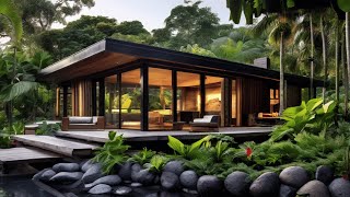 Beautiful Modern Rustic Wooden & Stone Cabin with Large Windows & Lush Tropical Garden Landscape - 2