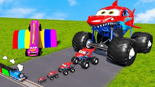 LONG CAR vs Funny Car vs Big & Small Monster Truck with Slide Color vs Train Thomas - BeamNG.Drive