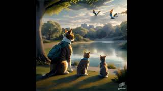 Cats standing beside lake