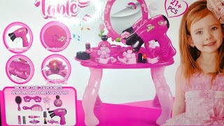 satisfying unboxing cute pink dressing table toy play with makeup play table toy|makeup toys review