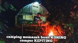 CAMPING membangun shelter yang nyaman, di guyur hujan deras, memasak buah KONING campur KEPITING