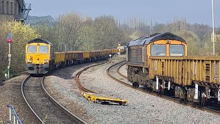 Three Class 66s at Mirfield on East Sunday for TRU engineering works