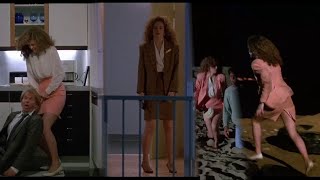 Leslie Hope runs around (literally) in a short skirt and pantyhose in the 1990 movie Men at Work