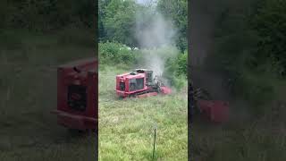 Mulcher destroys tree in seconds.