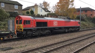 DB class 66, 66135 departs Biggleswade with the Plasmor empties to Heck - 22/11/19