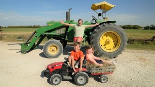 Moving hay with kids tractors and games on the farm | Tractors for kids