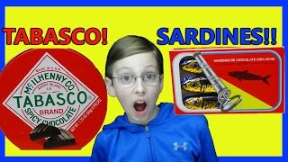 HOT TABASCO CHOCOLATE! SARDINES & ROSE CHOCOLATE CANDY TASTE TEST REVIEW | COLLINTV