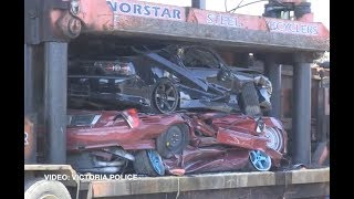 Eight sports cars crushed and 2 people arrested for organising underground race meets.