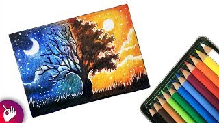 How to draw a scenery - Two different sides of world - Landscape scenery drawing