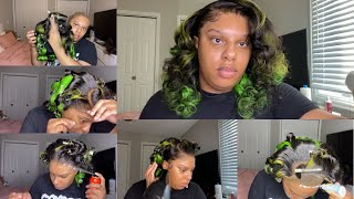 Detailed HD Frontal Wig Install | Green Highlights | Bouncy Layered Curls