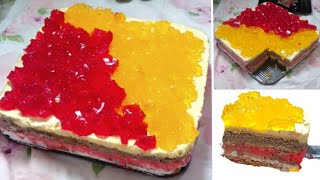 كيكة البسكويت الباردة ب ٤ طبقات مختلفة كل طبقة بطعم مختلف بدون فرن وبدون بيض no_bake biscuit cake