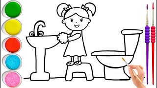 Drawing and Coloring a Girl Washing Her Hands  Drawings for Kids