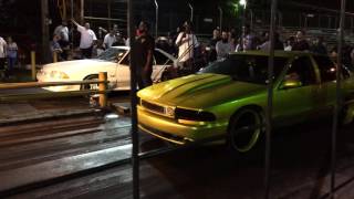 Candy Lime Green Impala SS Vs Foxbody Mustang at Yellow Belly drag strip