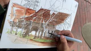 Sketching and watercolor of a traditional Lao house in architectural style EP35