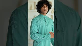 Green Embroidered Silk Kurta Set For Men