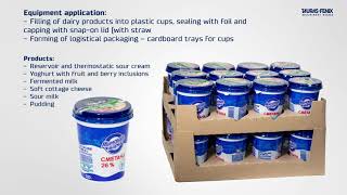 Filling of dairy products into plastic cups, sealing with foil and capping with snap-on lid