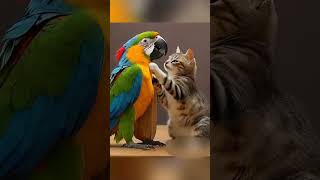 Cute Parrot And Crazy Cat Playing Together