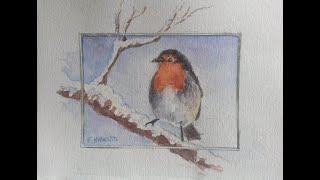 tuto aquarelle facile : le rouge gorge dans la neige