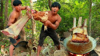 Survival in the rainforest-smart man took chicken egg using a bamboo stick so amazing & cook- Eating