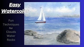 Easy Sailboat in Watercolor - How to Paint Water, Beach and Sky in Watercolor for Beginners