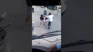 Two men on motorcycles mess with the wrong bus. 😭😭 #bus #fight #viral #crazy