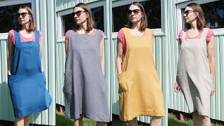 Linen apron, Cross back apron with pockets, Japanese style apron, Work dress, Pinafore linen apron.