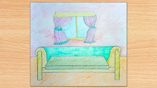 How to draw scenery of drawing room step by step