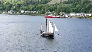 Grayhound, sail ship departing the Holy Loch.