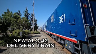 ALC-42 delivery train + high-speed Amtrak trains through Suisun-Fairfield station