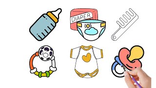 Kid's cute Items Drawing | Toys, Bottle, Diaper, Pacifier, Comb, Cloth | Simple Painting | Blue Appu