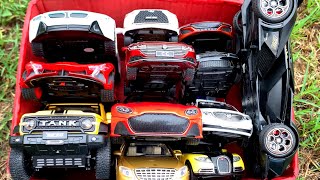 Box Full of Model Cars /BMW i8, Bugatti Car, Lamborghini Vision GT, Dodge Charger Police, Tank 300