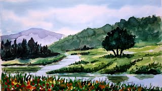 Spring landscape easy watercolor painting for beginners