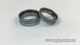 Tungsten Carbide Matching Rings,Silver Bands Blue Turquoise Inspired Meteorite Inlay Wedding Band