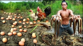 Man found eels and took wild chicken eggs for cook with banana flower - Eating delicious