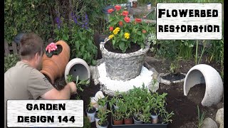 GARDEN DESIGN 144 Flowerbed restoration: stream of flowers, white pebble, phlox, zinnia, portulaca.