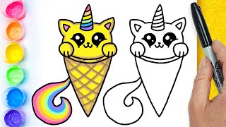 איך לצייר חתול חד קרן חמוד בגביע גלידה 😺🌈🍧 How to draw a unicorn cat ice cream