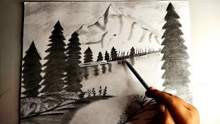 Landscape scenery drawing with pencil / Snow mountain landscape drawing with pencil / Sachin Artist