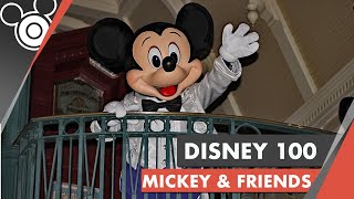 Disney Characters in Disney 100 outfits greetings guests of Disneyland Paris 2023