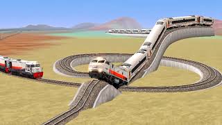 2 trains take turns crossing the branched circle rail up and down.