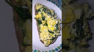 Cottage cheese eggs w/spinach scrambled on top of a sourdough avocado toast #food #foodie #mealideas