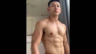 gym fit asian hunk show off top naked body and armpit hair