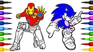 Iron Man and Sonic Coloring Page | Let's Color Sonic and Iron Man Painting