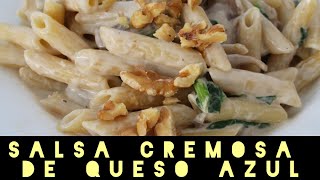 Pasta con salsa de queso azul, setas, espinacas y nueces | Súper cremosa y súper facil